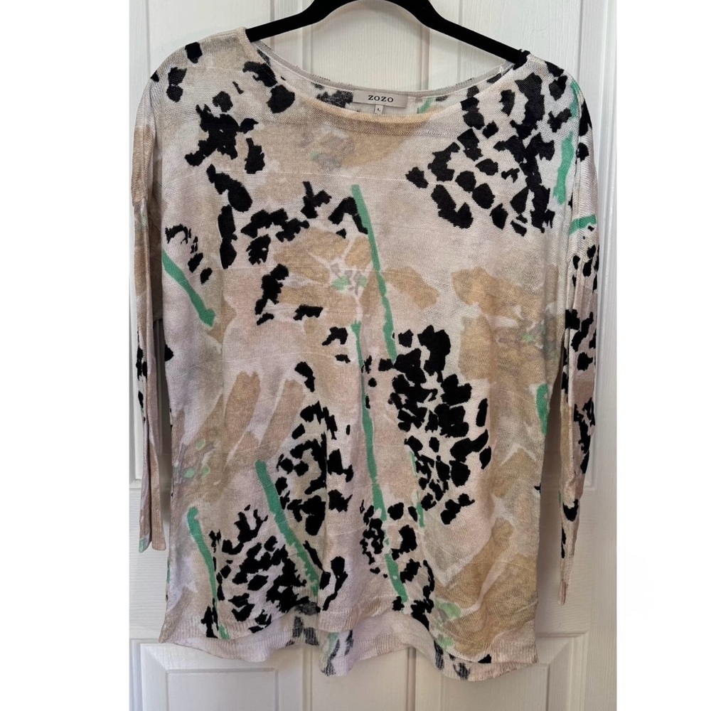 ZOZO Linen Animal Floral Print Sweater Abstract White Tan Green Black womens L